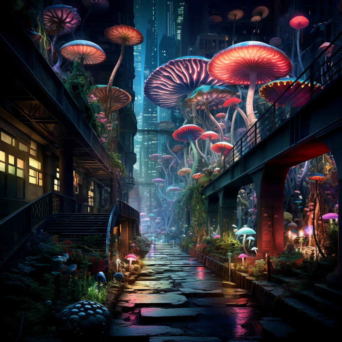 The neon citys hidden underground, where an elaborate network of luminescent fungi and plants creates a surreal, subterranean landscape. The radiant flora contrasts with the dark tunnels, offering an unexpected and bioluminescent twist on the citys nightlife.