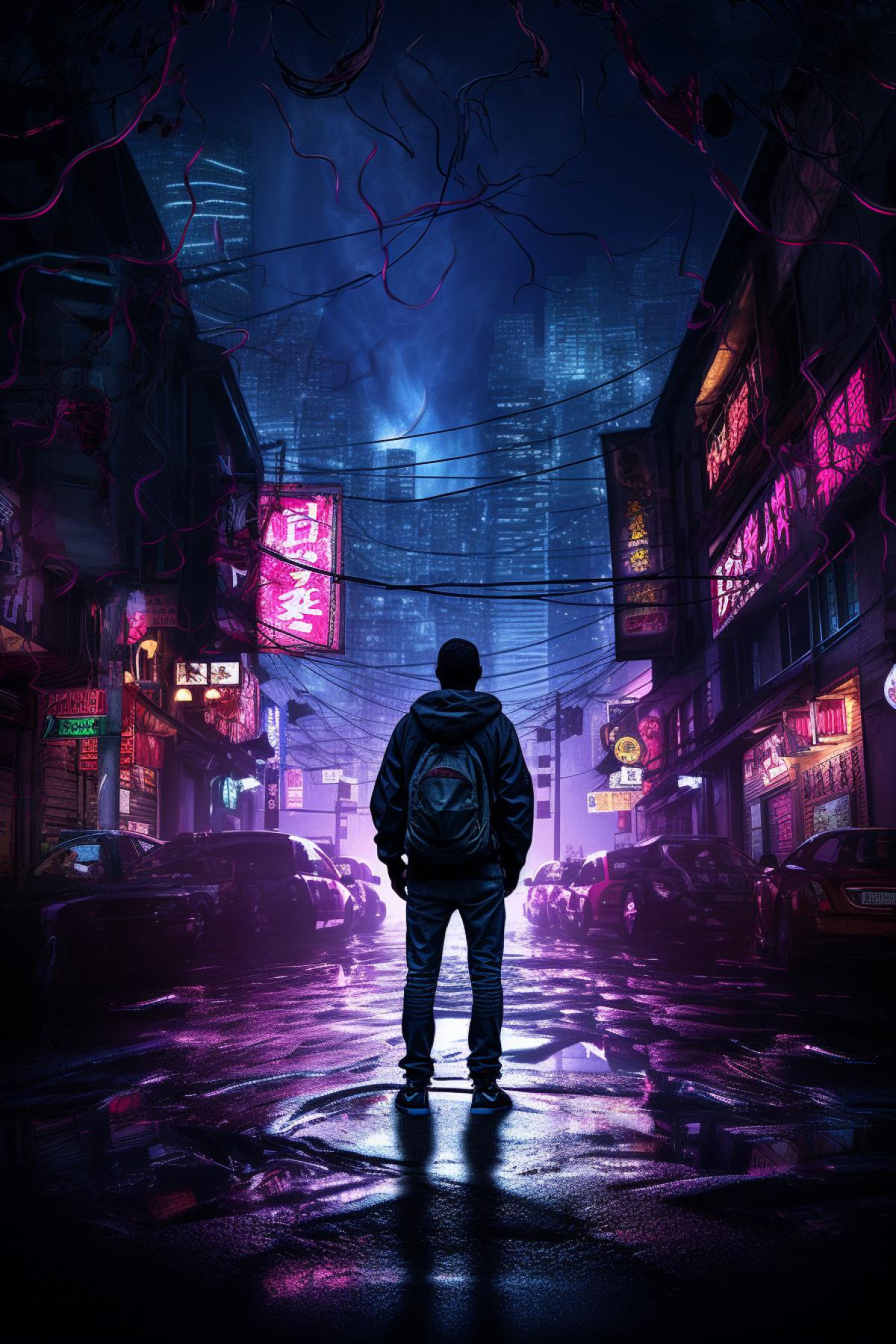 A person navigates a neon-lit alley filled with hidden gems and unexpected surprises. The individuals face reveals a sense of wonder and delight as they explore the citys labyrinthine streets, stumbling upon unique, neon-drenched treasures.