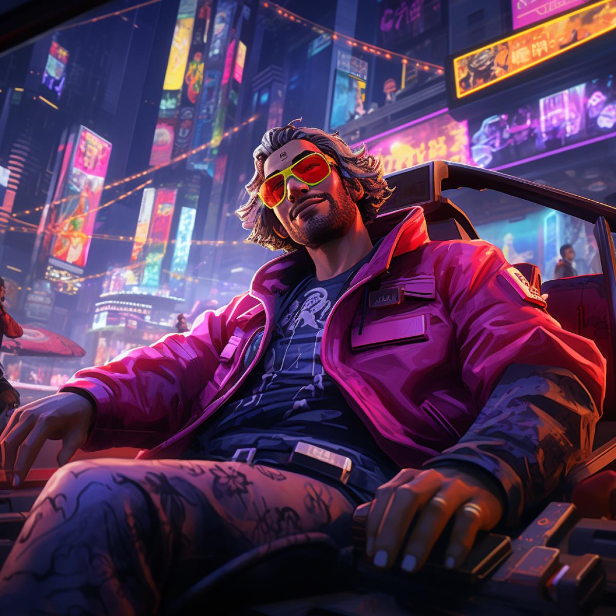 A character hails a futuristic, neon-lit taxi amidst the citys radiant chaos. The persons attire and expression convey a sense of urgency, and the vibrant backdrop reflects the dynamic, 24/7 nature of life in the neon city.