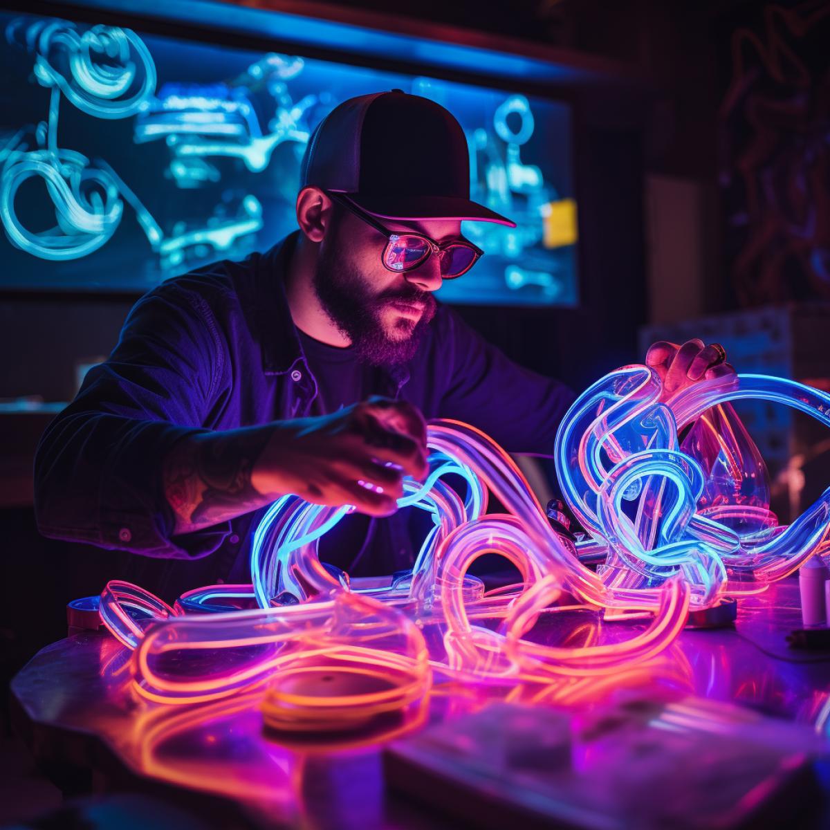 An artist in a dimly lit studio, passionately crafting neon sculptures that will soon adorn the city. The artists hands move with precision as they shape the vibrant gltubes into mesmerizing forms, adding a personal touch to the neon citys ever-changing landscape.