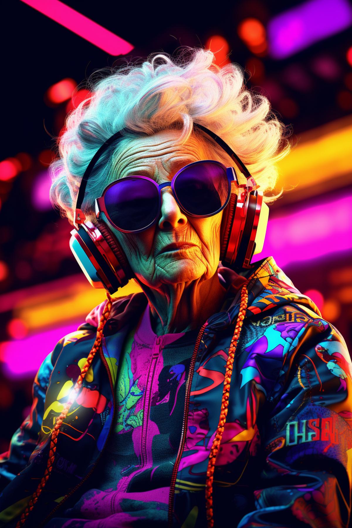 Grandma at the disco, synthwave, darklight, psychedelic, neon line art, glitch art, figurative art, geometric art, conceptual art, pop art, ultra detail, dynamic com4k, dynamic contrast, surrealism