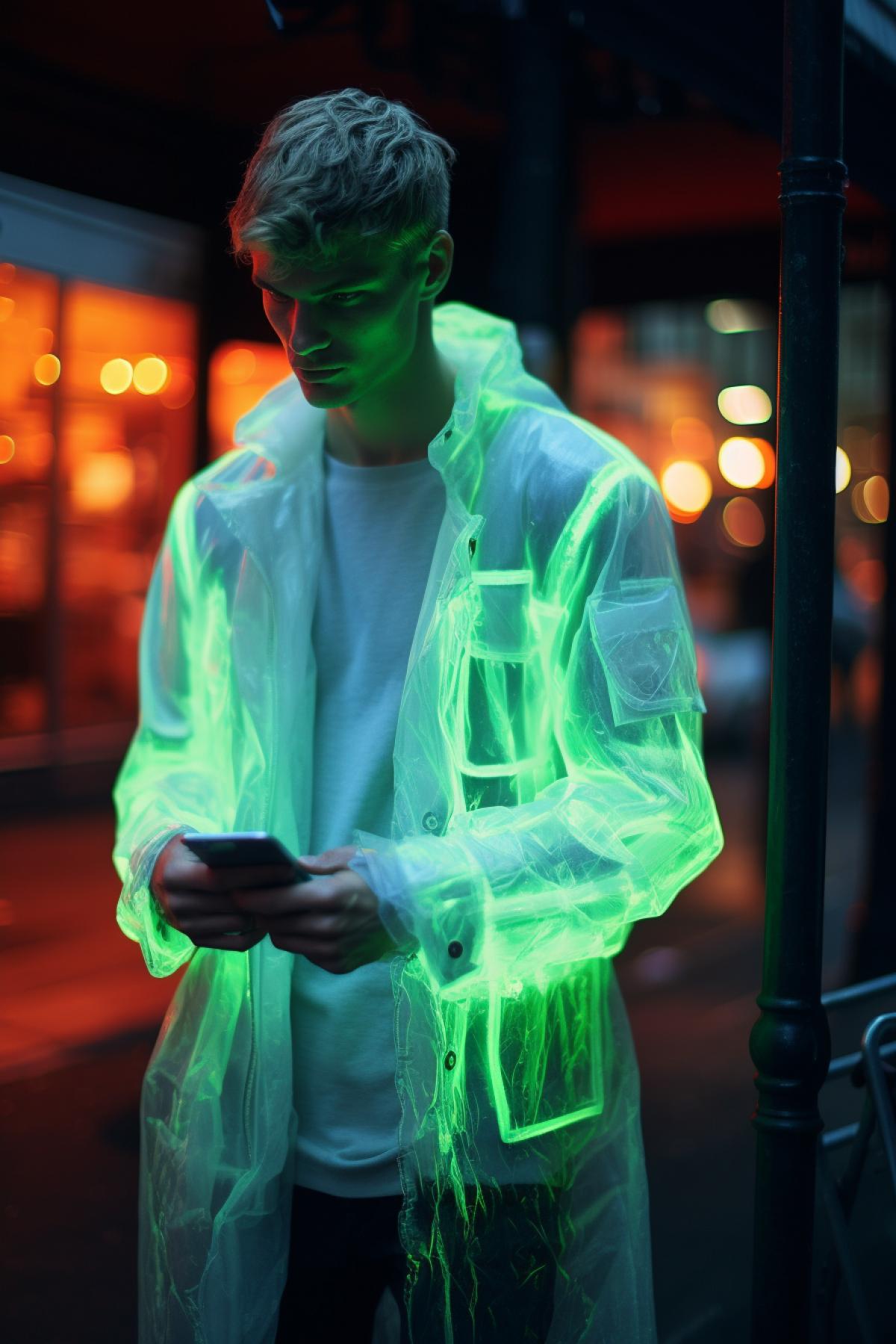 street shot, model wearing neon xray layers, spacetime anomaly, paris