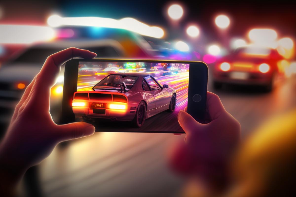 street racer race, neon lights, a man films on a phone on the screen of which what is happening is clearly visible, atmospheric, social realism, photorealism, high detail, ISO 100