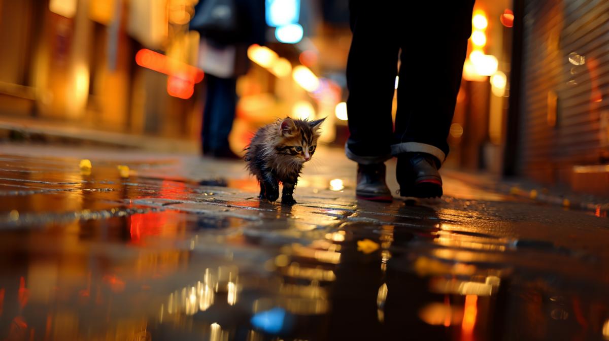 a small kitten running into the street and into the foot of a person, Rainy, Night, neon lights, excitingly whimsical