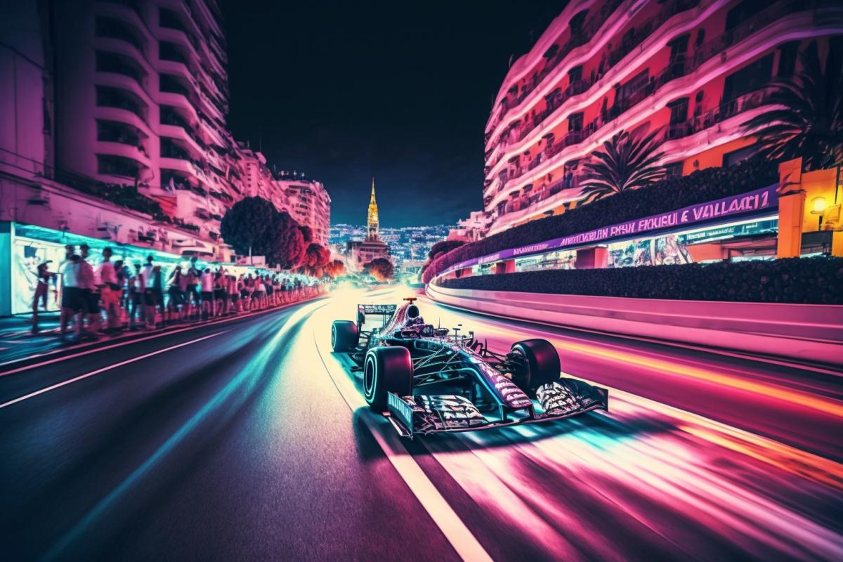 Night race Formula 1 on Monaco streets, neon lights, time lapse, hyperdetailed, hyperrealistic, 8k atmospheric photograph