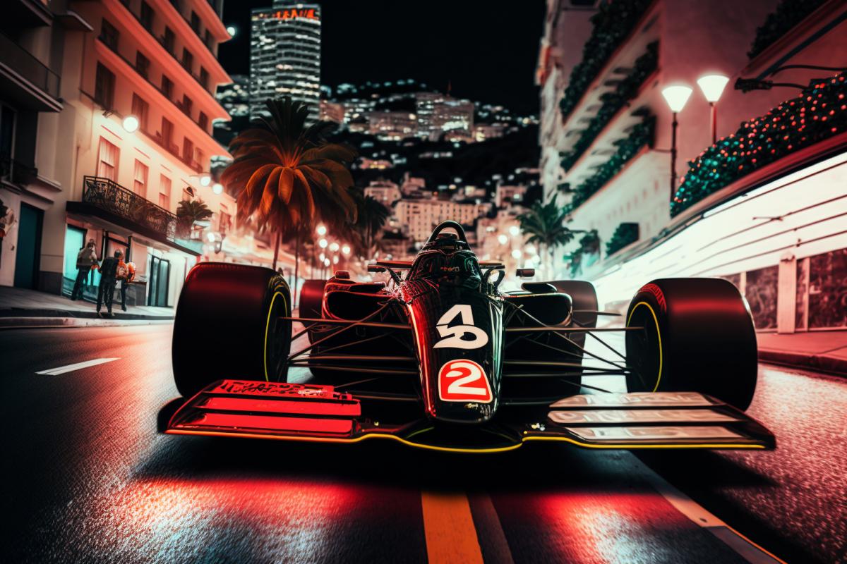 Night race Formula 1 on Monaco streets, neon lights, time lapse, hyperdetailed, hyperrealistic, 8k atmospheric photograph