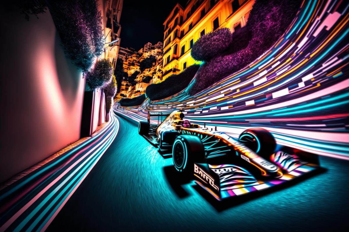 Night race Formula 1 on Monaco streets, neon lights, time lapse, hyperdetailed, hyperrealistic, 8k atmospheric photograph
