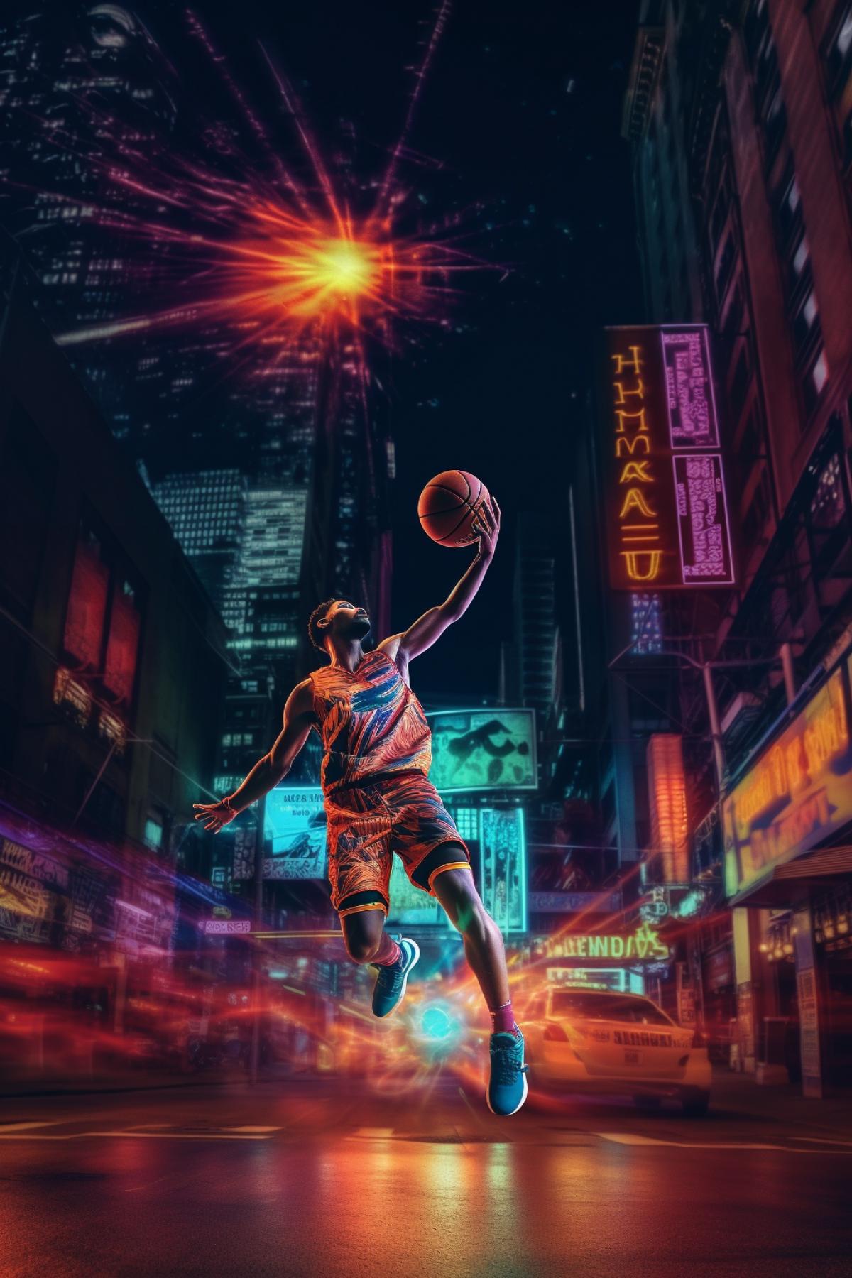 basketball player throws the ball into the hoop, city, neon, photography