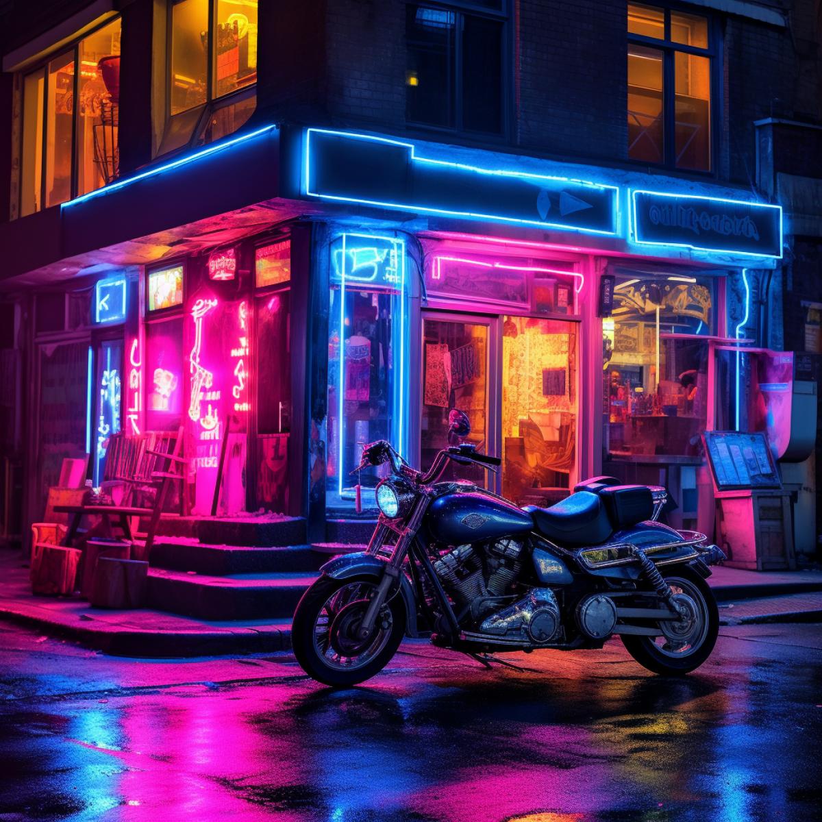 Bikers, city, bar, neon, beautiful photo