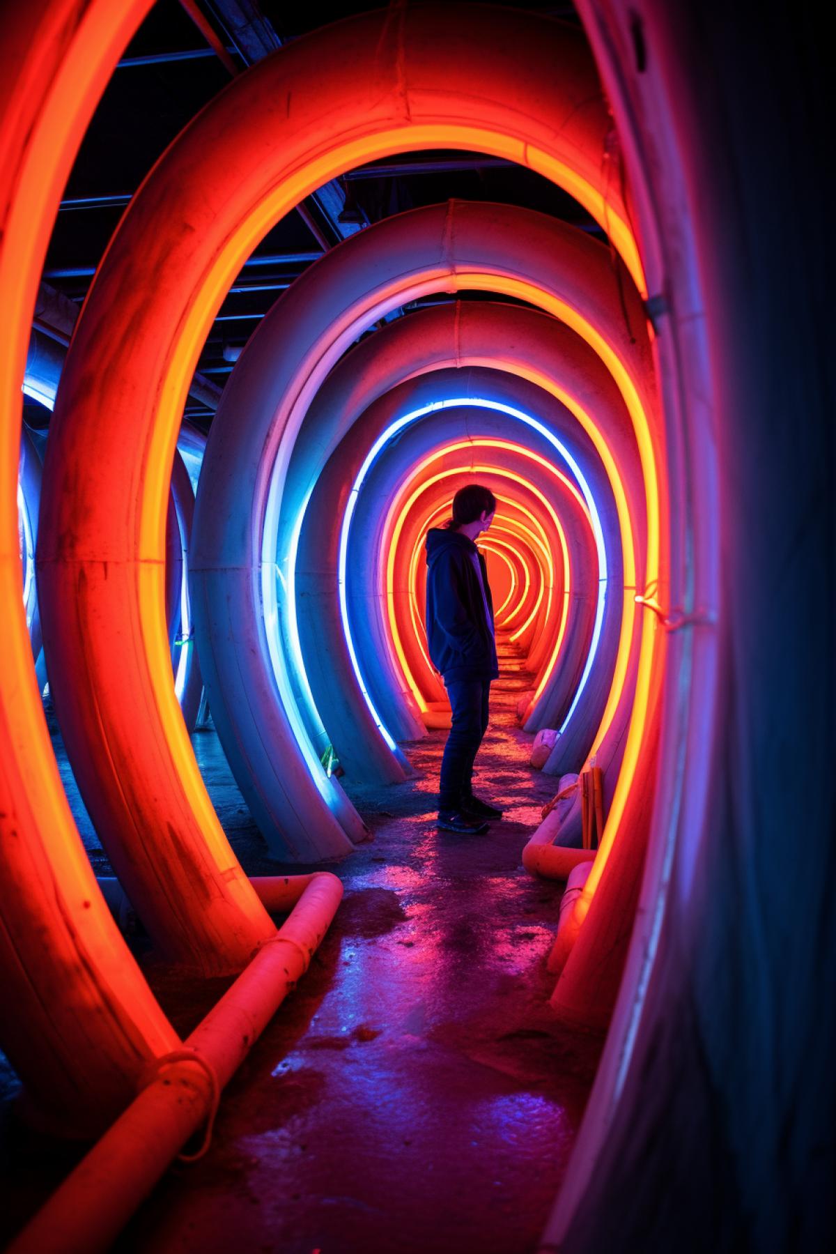 Underground city made of giant concrete tubes neon light aggressive face tough man