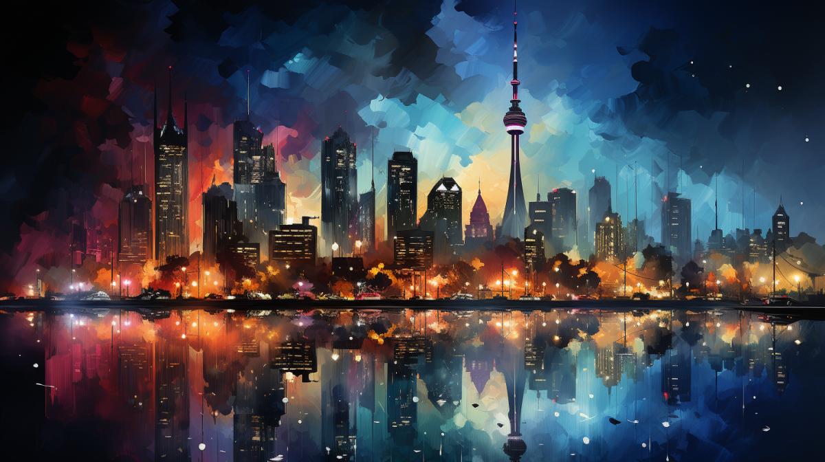 Colorful watercolored filled silhouette of Skyscrapers on a dark background, watercolored, vibrant colors, pastel