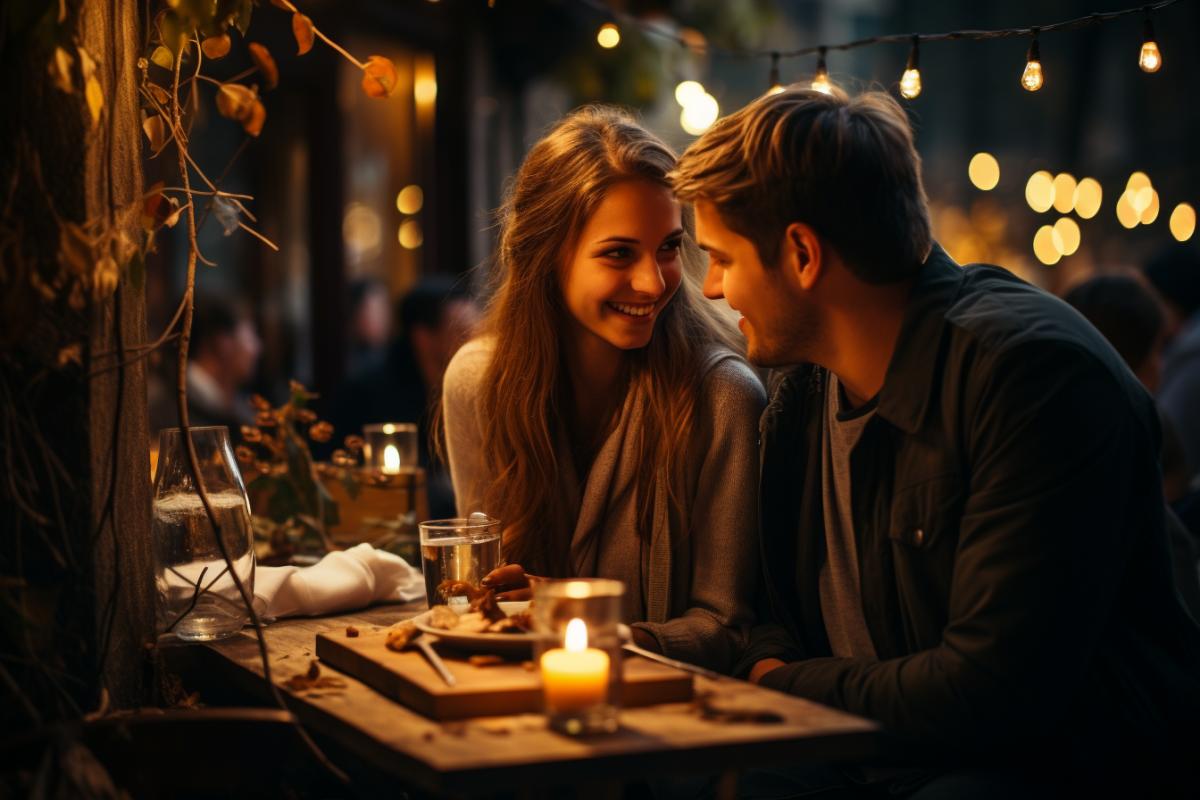 a girl and a guy at a table in a street cafe on the street of a small night city, glowing signs and neon advertising create a special atmosphere, romance