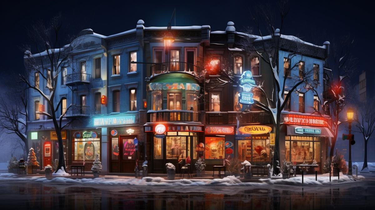 Soviet cityscape with bright neon signs on houses, winter, snowfall, night, nostalgic atmosphere.
