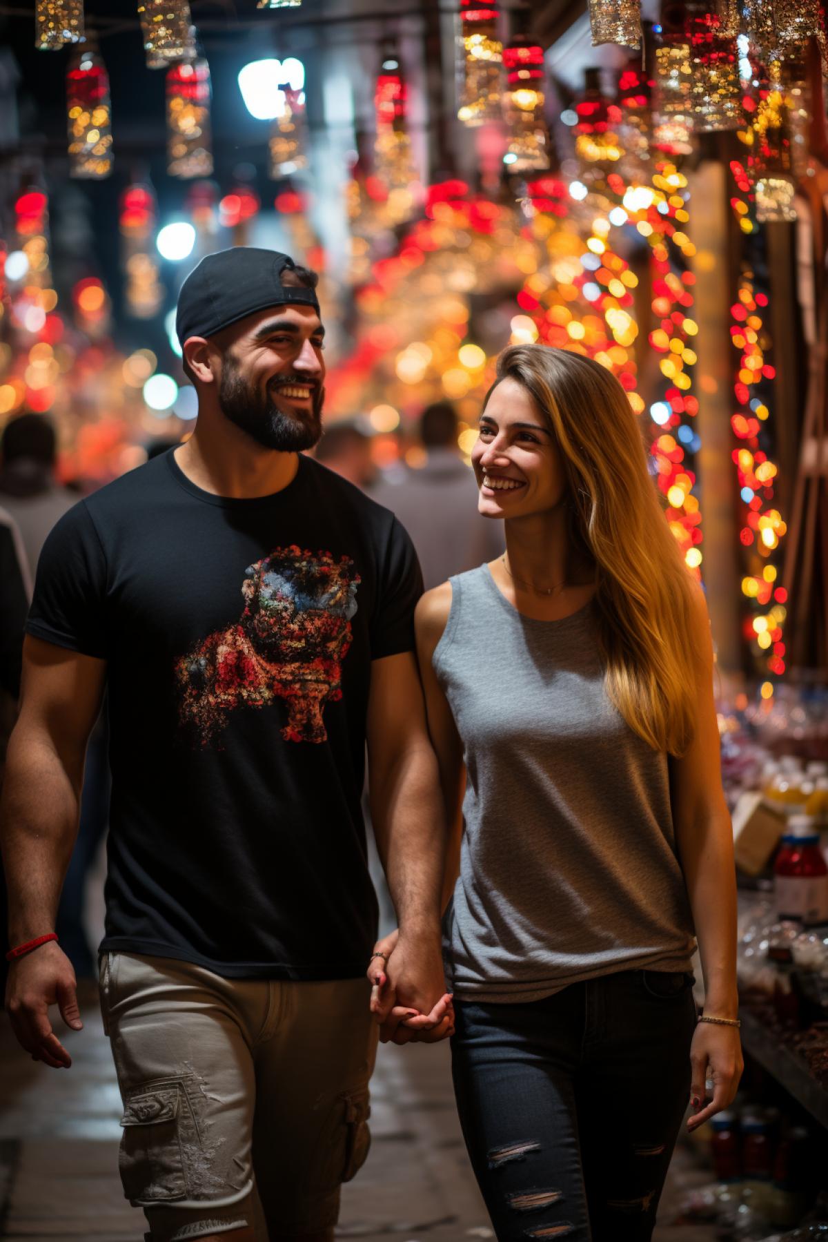 a small street cafe on the street of a big city at night, a girl and a guy at a table, glowing signs and neon advertising create a special festive atmosphere