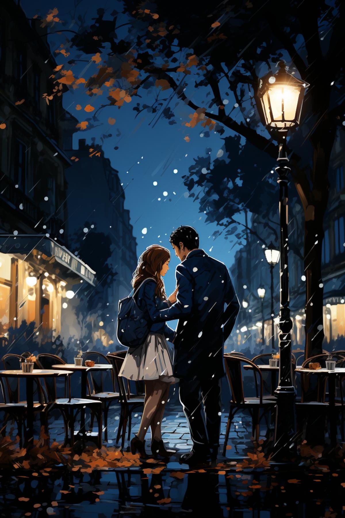 a small street cafe on the street of a big city at night, a girl and a guy at a table, glowing signs and neon advertising create a special festive atmosphere, oil painting, author Leonid Alferov
