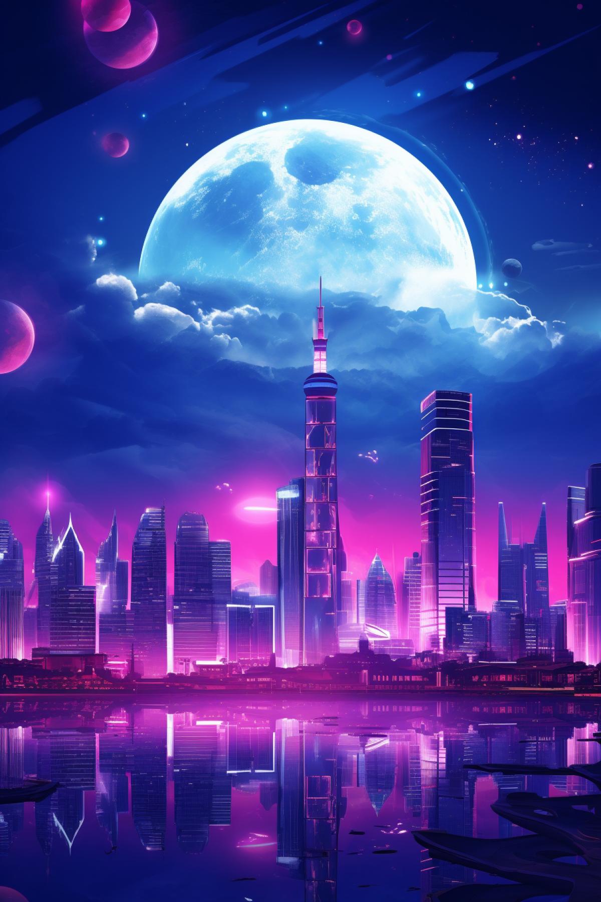 Neon blue and pink lights city shining circuit of skyscrapers dark silhouettes of cityscape on the foreground all on the background of giant enormous moon over horizon vibrant colours breathtaking view