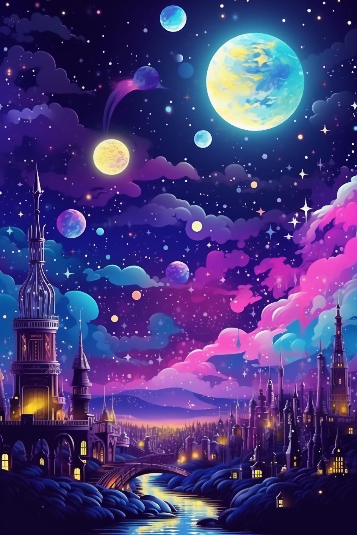 Magic mysterious neon city in the clouds high in the night starry sky