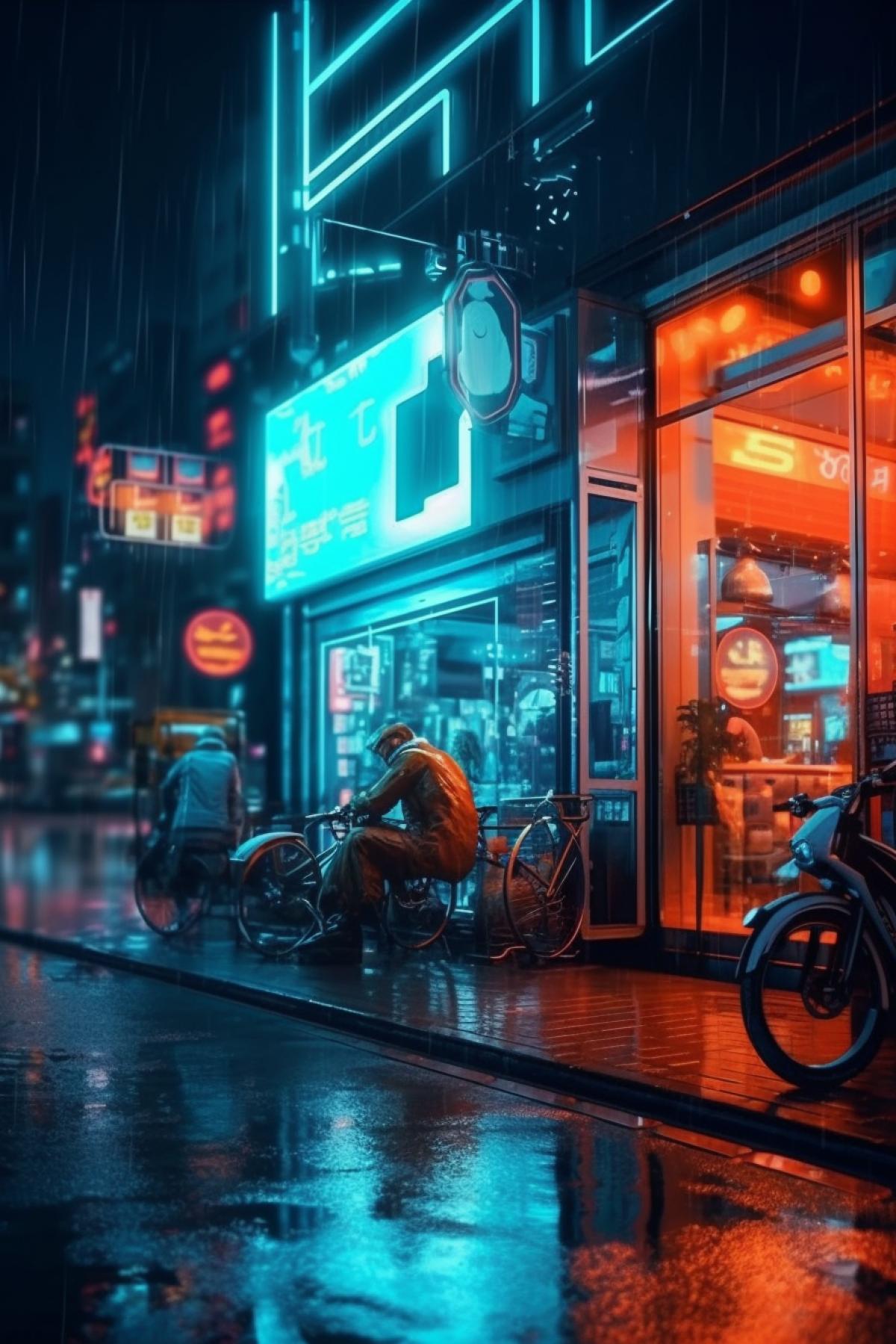 Neon cyan and orange city lights, neon advertisements and skyscraper signs, a night city street, a small outdoor street cafe