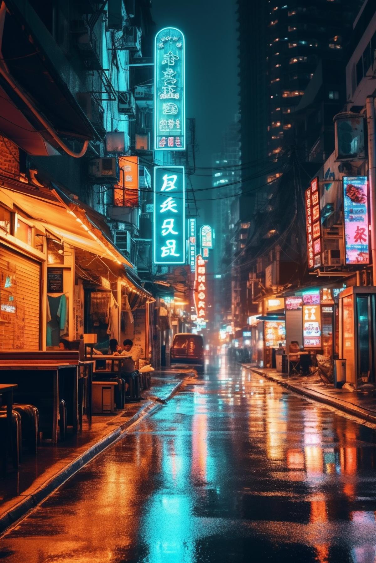 Neon cyan and orange city lights, neon advertisements and skyscraper signs, a night city street, a small outdoor street cafe
