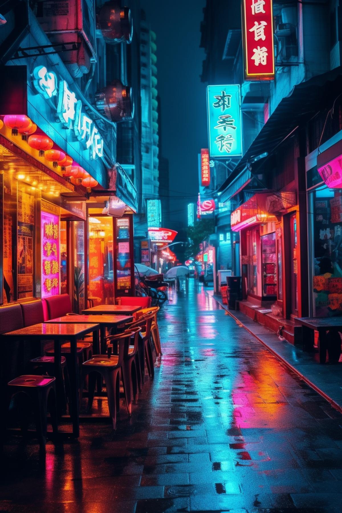Neon cyan and orange city lights, neon advertisements and skyscraper signs, a night city street, a small outdoor street cafe