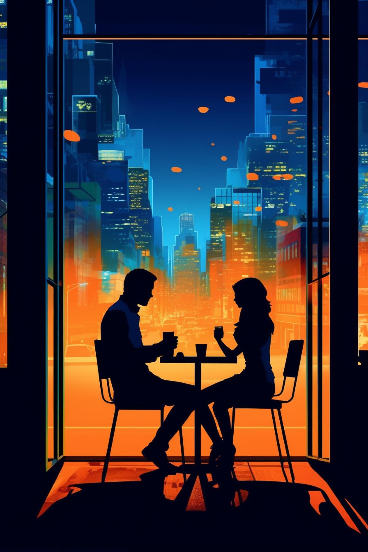 Neon cyan and orange city lights, neon advertisements and skyscraper signs, a night city street, a small open street café, silhouettes of a guy and a girl at a table