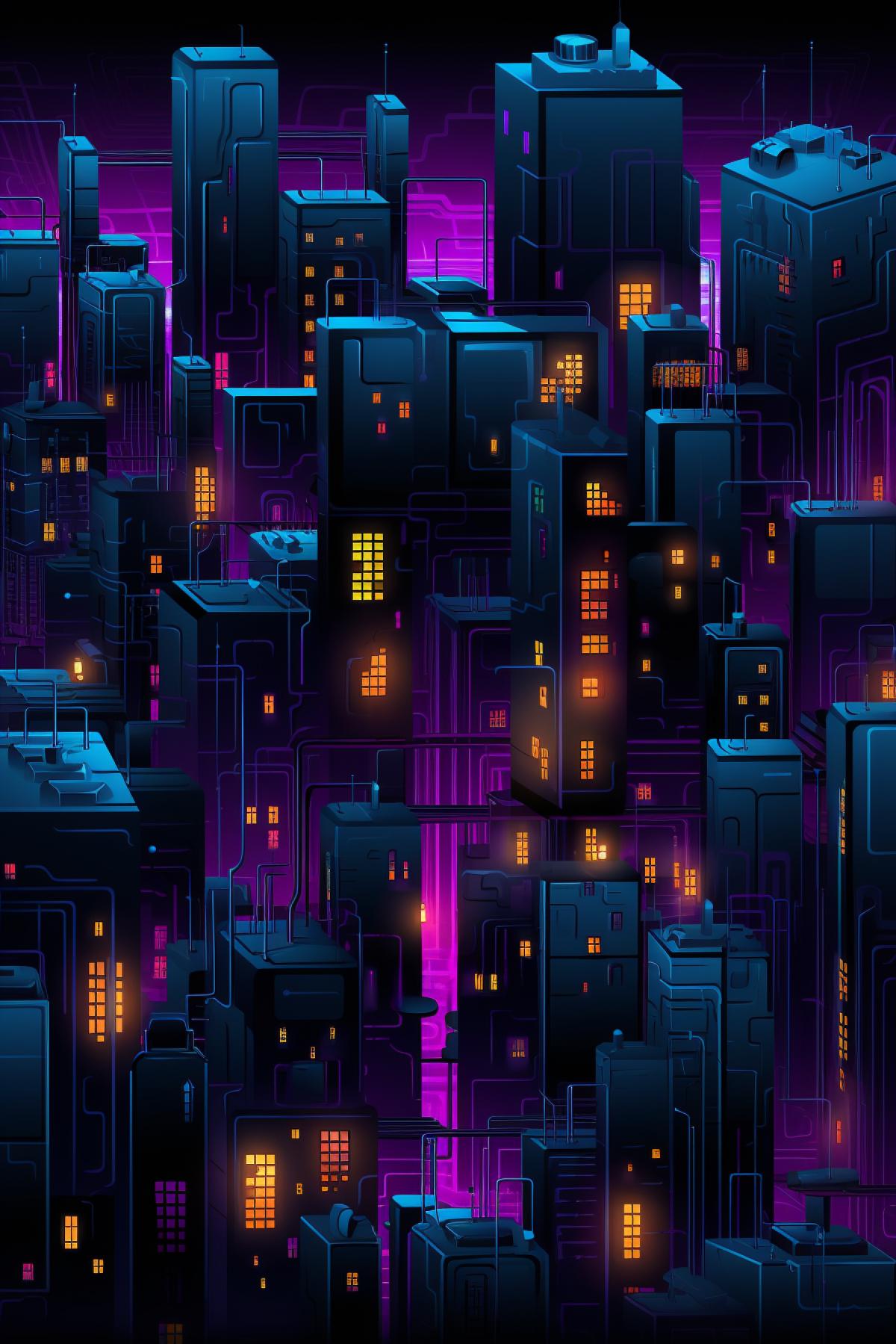 dark blocks of city houses with neon light circuit