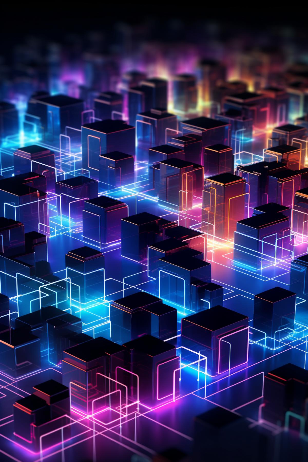dark blocks of city houses with neon light circuit