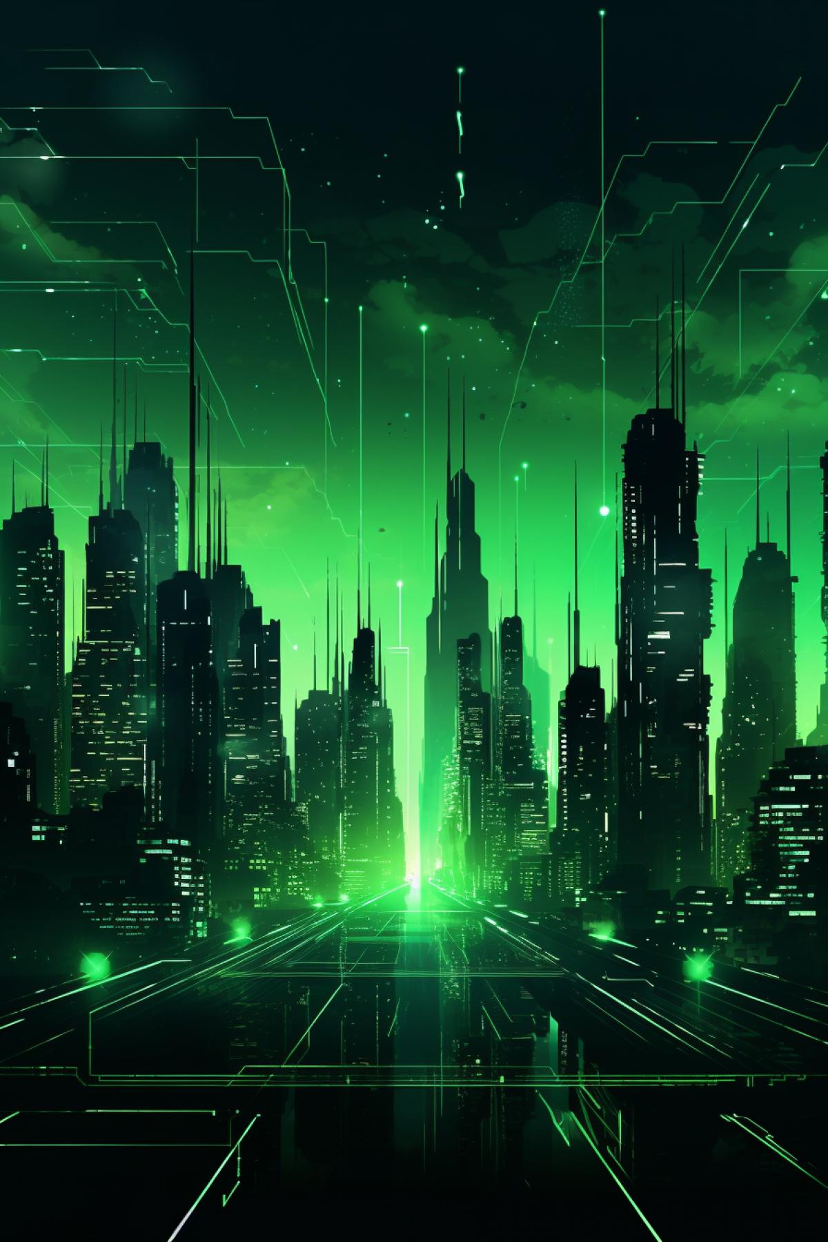 dark silhouette skyscrapers with neon light circuits under night stay sky use only green palette