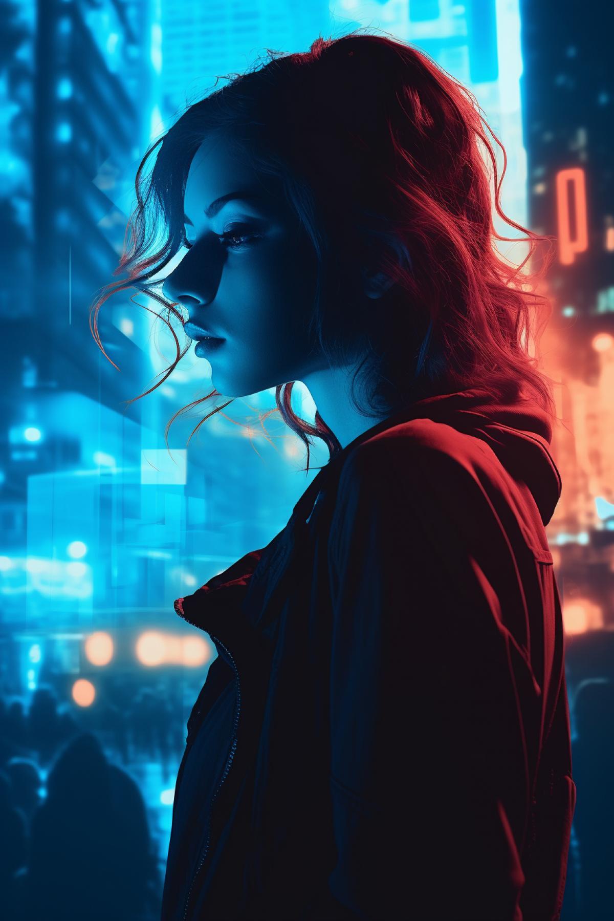 Young beautiful woman profile silhouette on the background of destroyed neon city