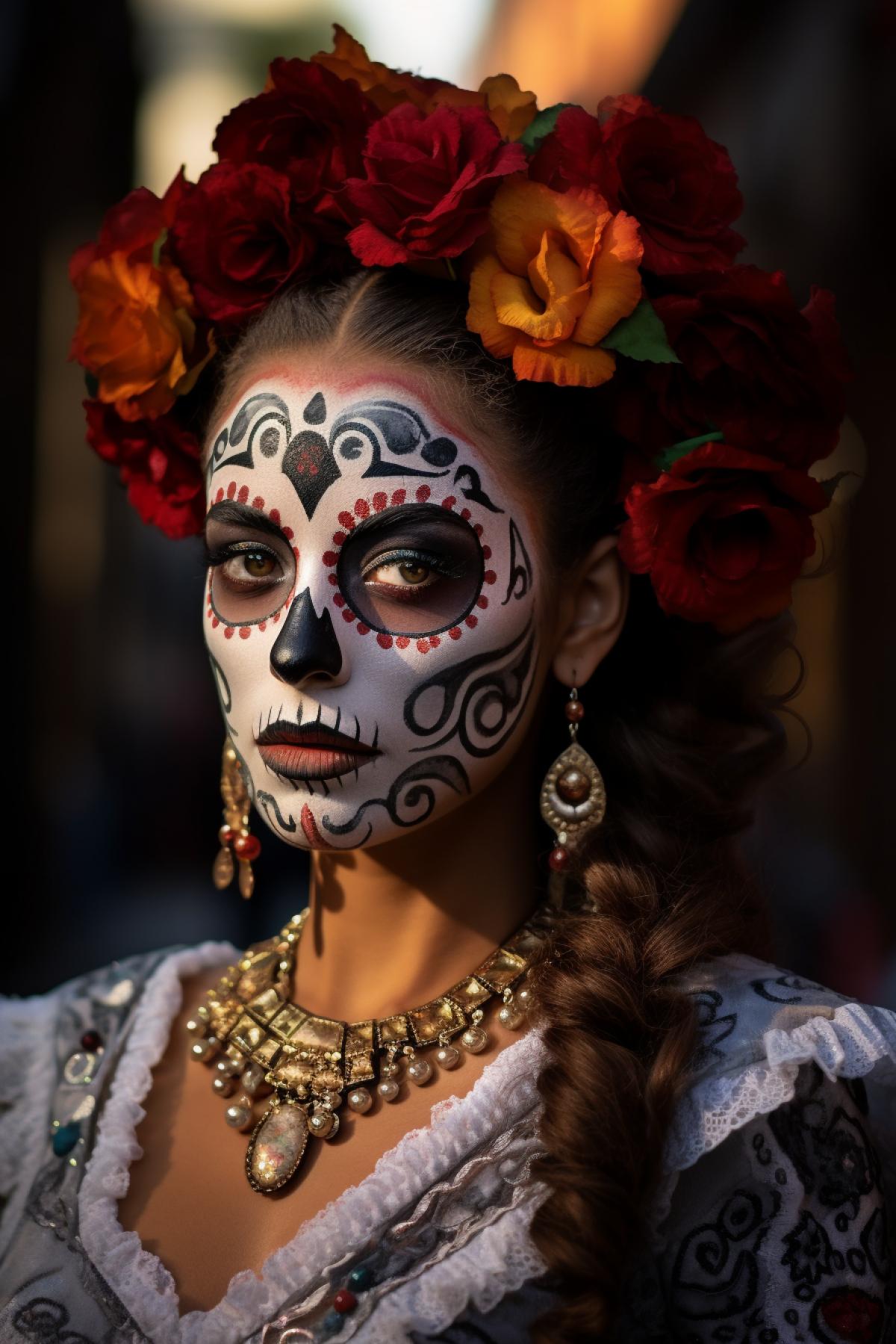 day of the dead mexico beautiful girl photo on the street mask skeleton