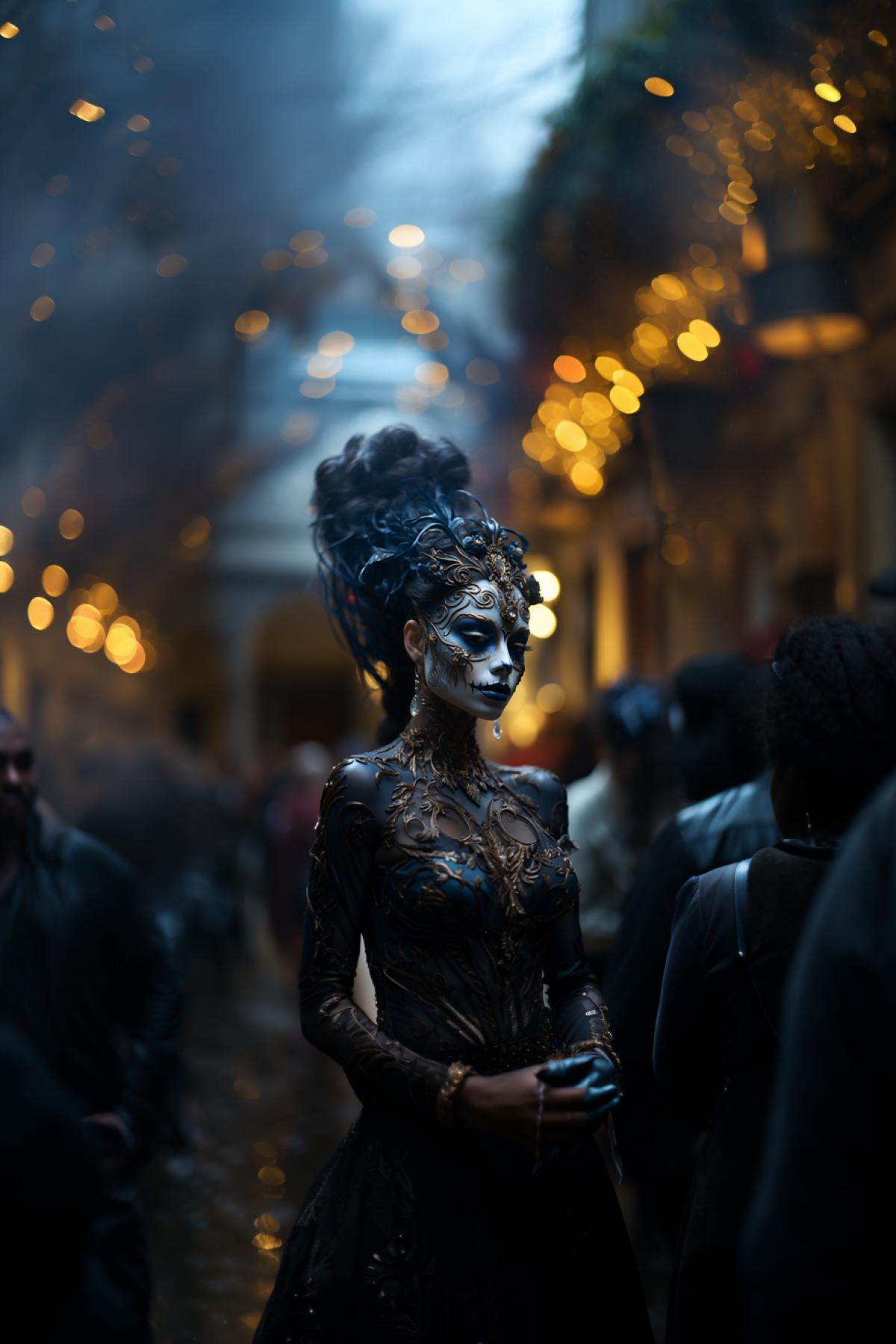 A beautiful woman in dia de los muertos grime, Moonlit, eerie fog, haunting silhouettes, gothic noir, spectral saturation