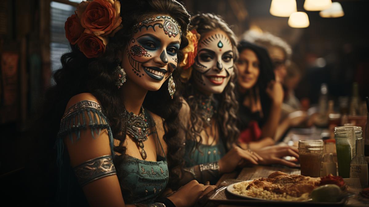 A group of people in traditional Mexican clothing wearing Día de los Muertos makeup eating tacos