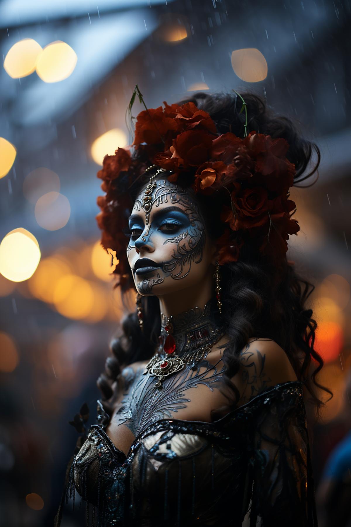 A beautiful woman in dia de los muertos grime, Moonlit, eerie fog, haunting silhouettes, gothic noir, spectral saturation
