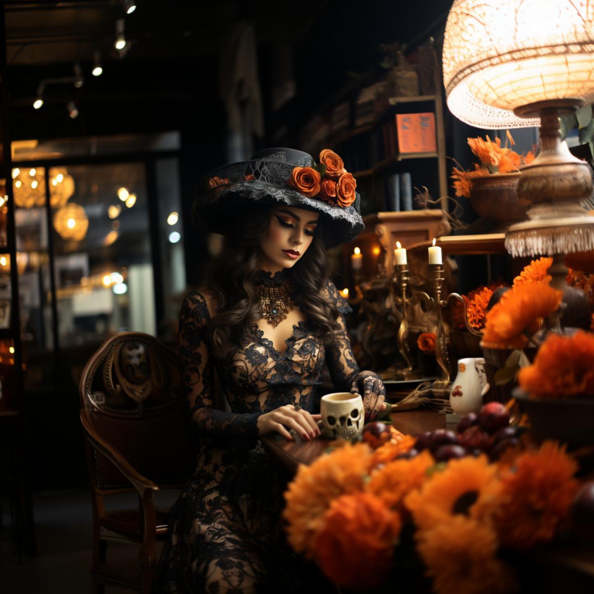 Beautiful woman in sombrero in makeup dia de los muertos holding a skull, mysterious and solemn atmosphere, professional full-length photo