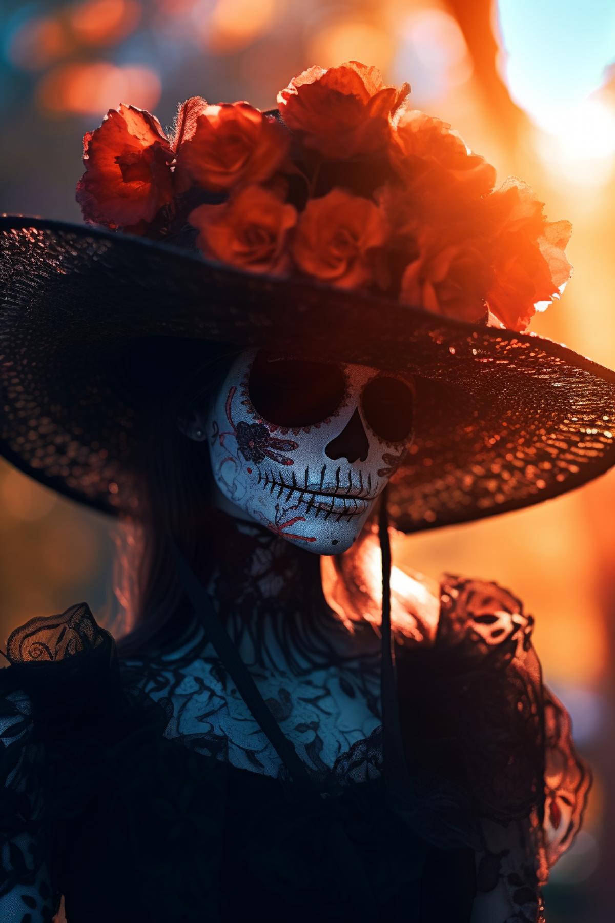 La Calavera Catrina, minimalism, floral brim hat headdress, festive hazy ethereal gothic dress, smoky eyeshadow, smooth ghost face, abstract hazy glowing surrounding cemetery, vibrant colors, different color depths, full lighting