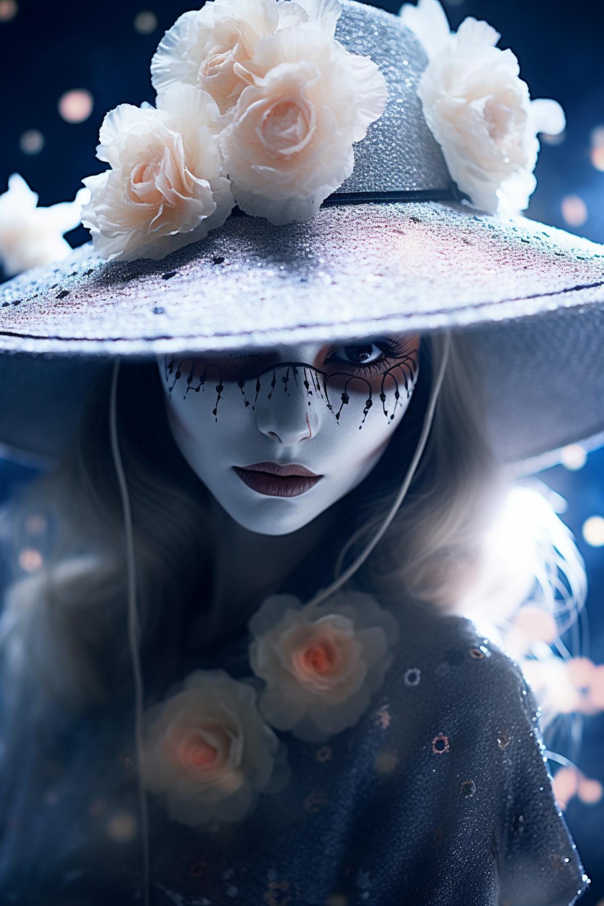 La Calavera Catrina, minimalism, floral brim hat headdress, festive hazy ethereal gothic dress, smoky eyeshadow, smooth ghost face, abstract hazy glowing surrounding cemetery, vibrant colors, different color depths, full lighting