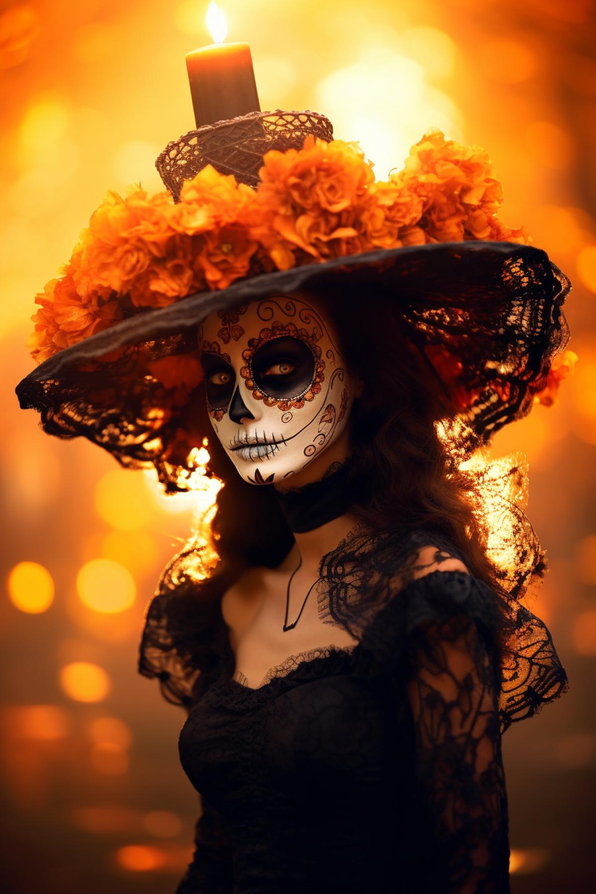 La Calavera Catrina, minimalism, floral brim hat headdress, festive hazy ethereal gothic dress, smoky eyeshadow, smooth ghost face, abstract hazy glowing surrounding cemetery, vibrant colors, different color depths, full lighting