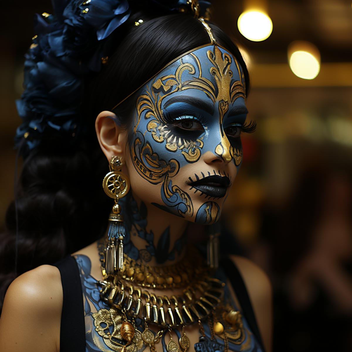 beautiful woman in dia de los muertos grime, opulent gold necklace and earrings, painting in style of Amedeo Modigliani
