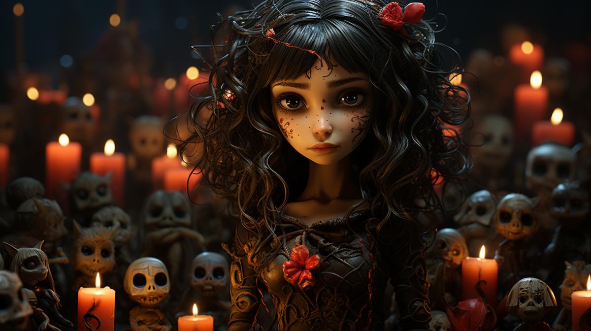 dia de los muertos grime, whimsical childrens book illustrations, in the style of lori earley and anton semenov, gloomy, cartoon realism, playfully dark, uhd image, spooky vibe
