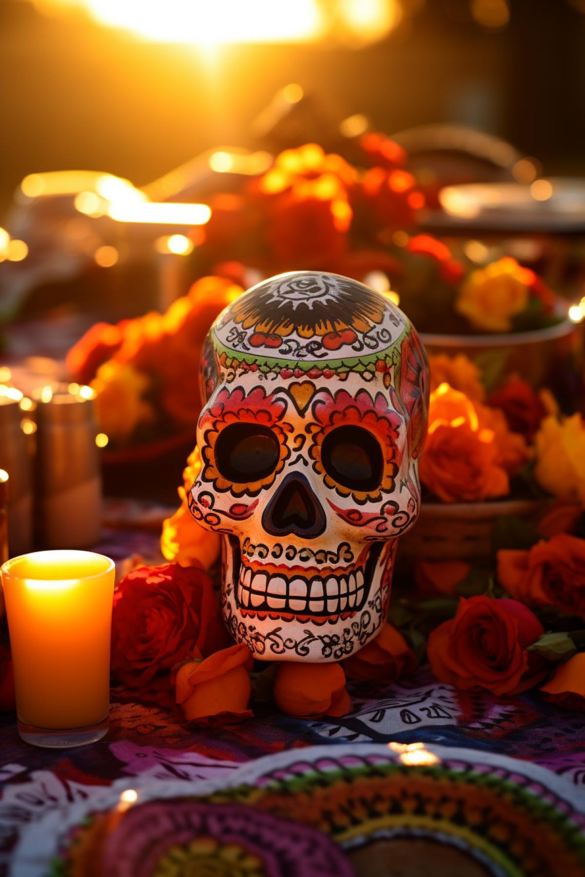 Mexican Day of the Dead happily celebrating late evening last ray of sunset