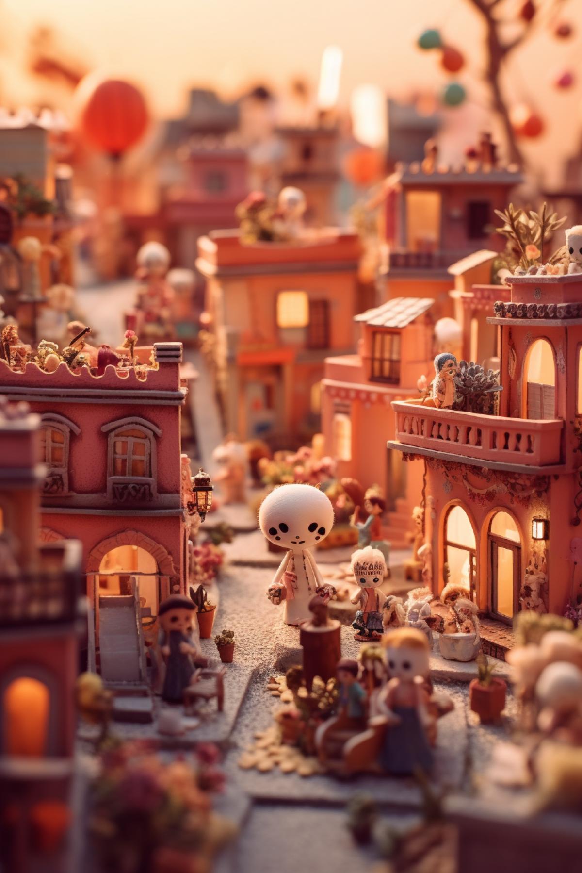 Día de Muertos in tiny toy doll city ironic illustration