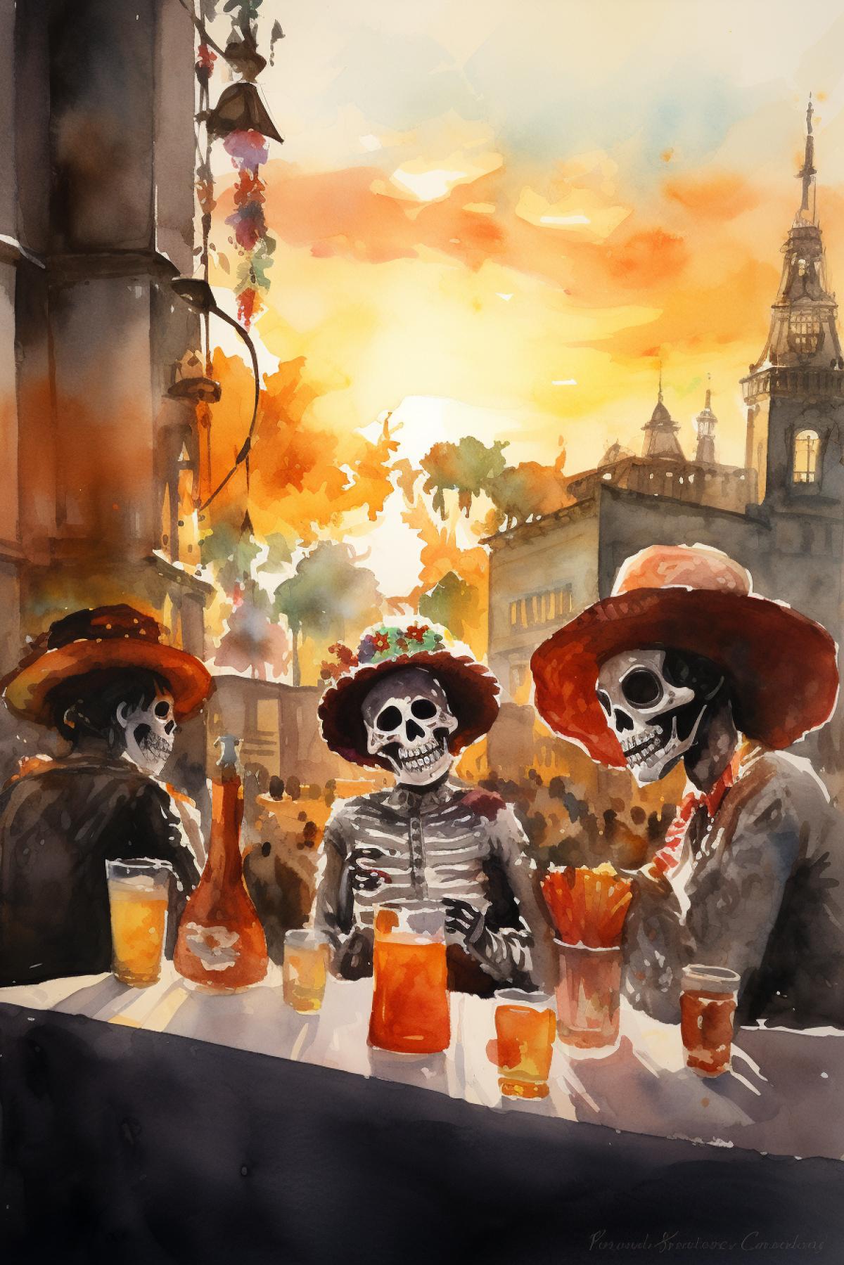 Día de Muertos celebration in Mexico city evening last ray of sunset aquarelle