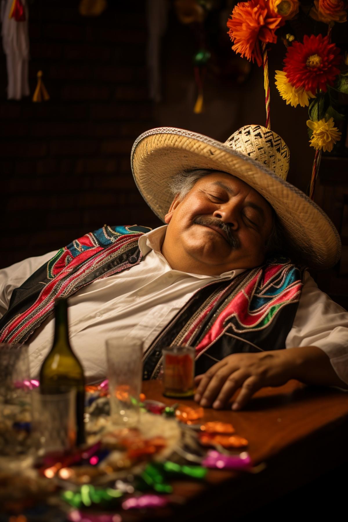 Mexican fat guy drunk and exhausted having hangover after celebrating Día de Muertos