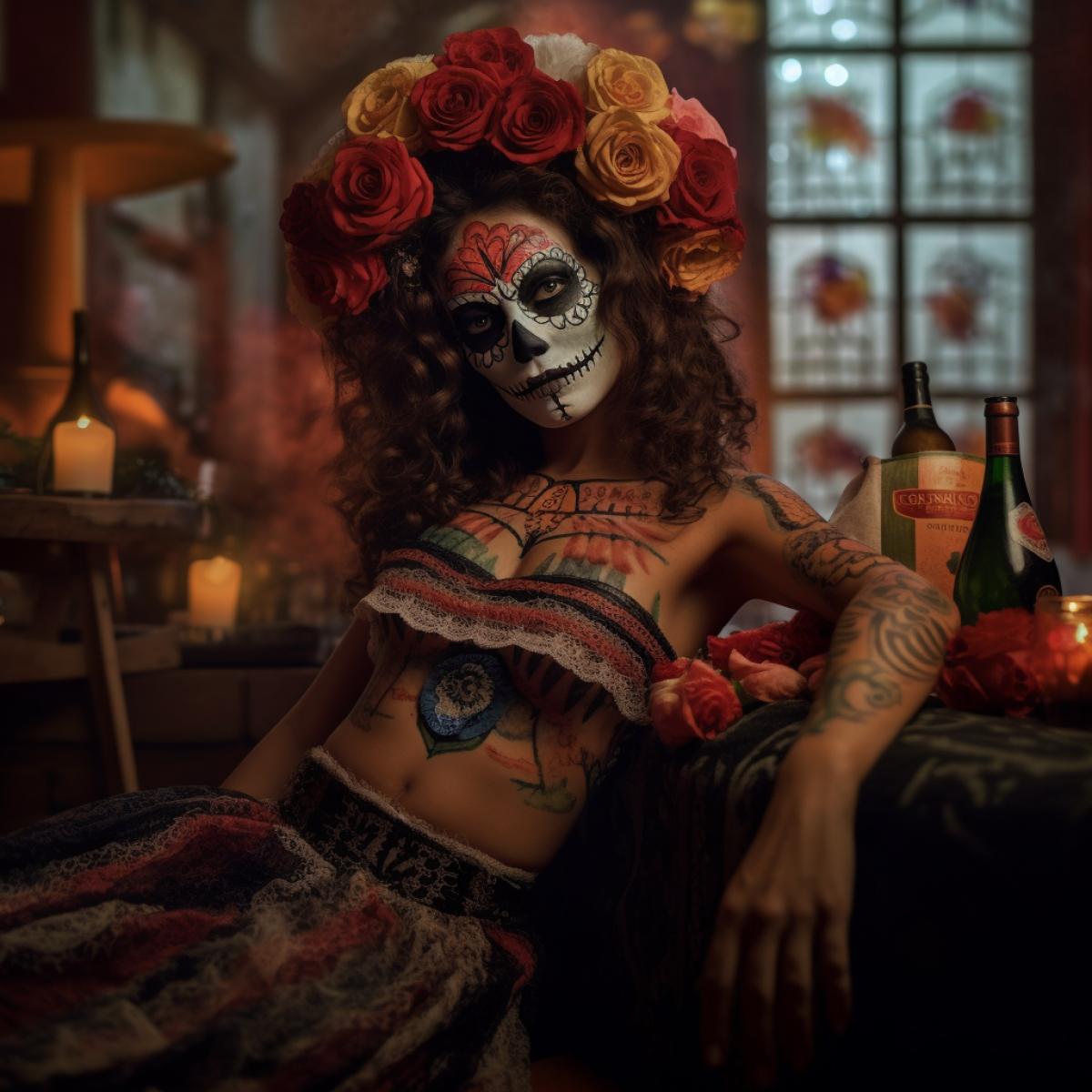 Mexican holiday Day of the Dead, photography, in the style of director Quentin Tarantino
