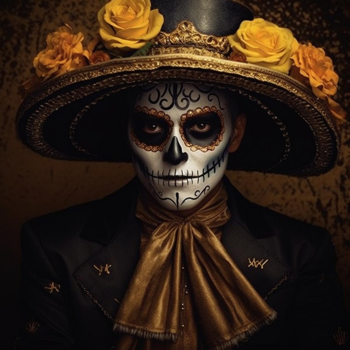 Mexican holiday Day of the Dead, dark and gold color, matte color, shine, photography, in the style of director Quentin Tarantino