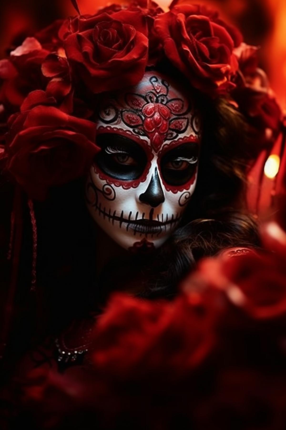 dark and red Día de Muertos celebration mysterious breathtaking frightening view low light contrary light Mexico use only dark and red palette