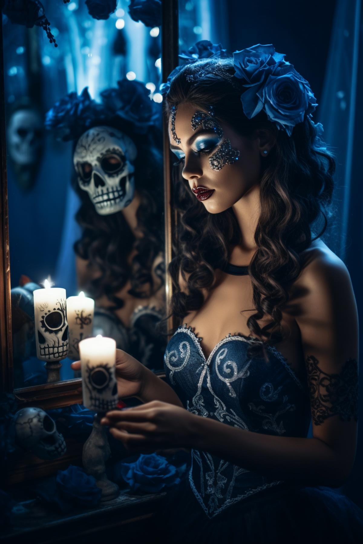 Young beautiful woman in día de muertos makeup on front of mirror zipping dark velvet dress use blue and dark palette mysterious breathtaking view