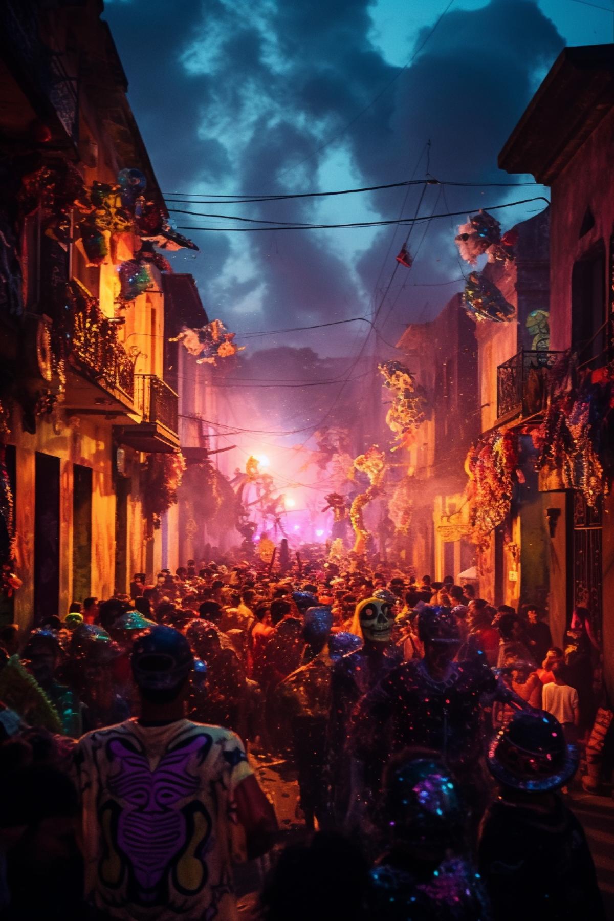 Deí de Muertos carnival in the streets of evening Mexico breathtaking general view