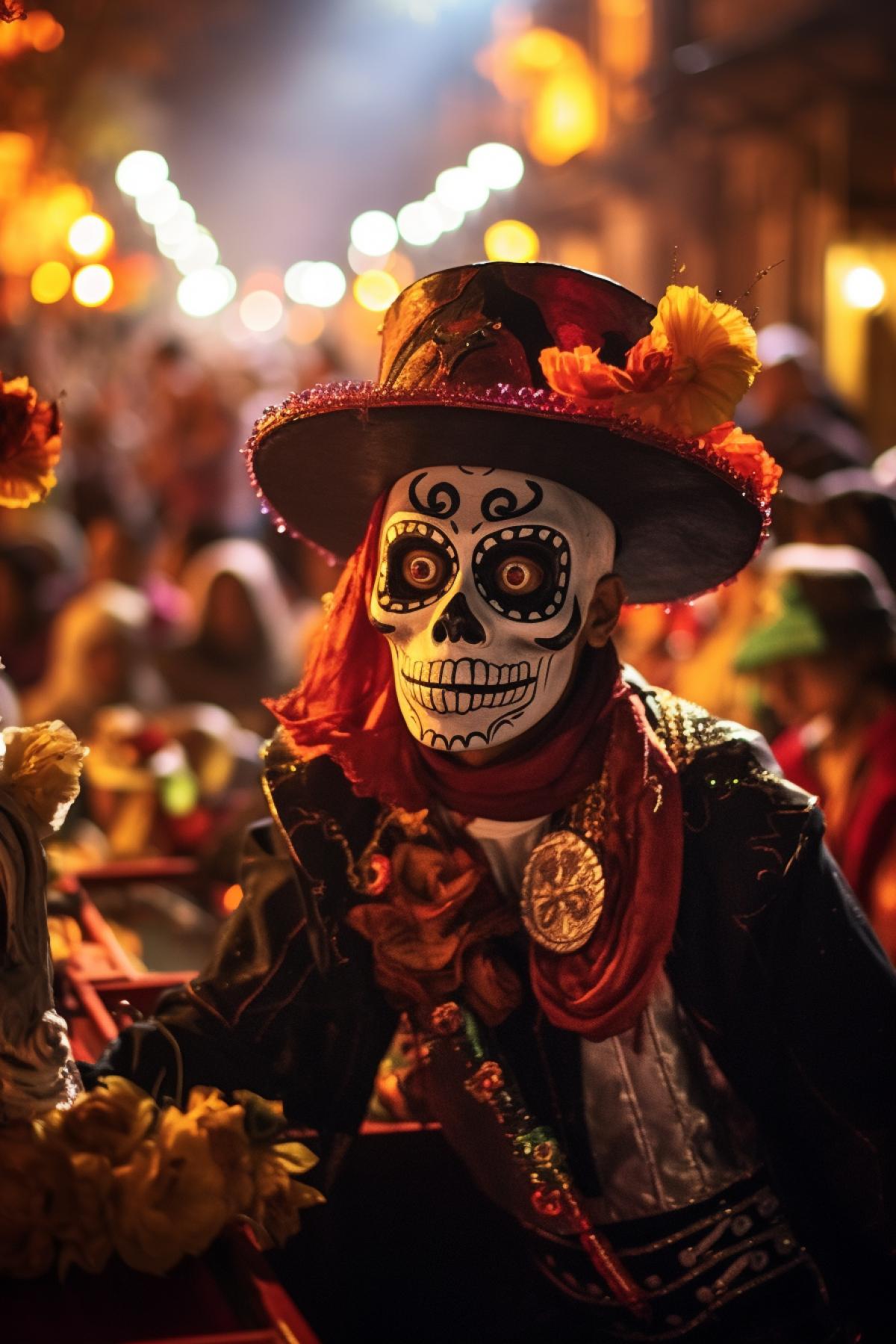Deí de Muertos carnival in the streets of evening Mexico breathtaking general view