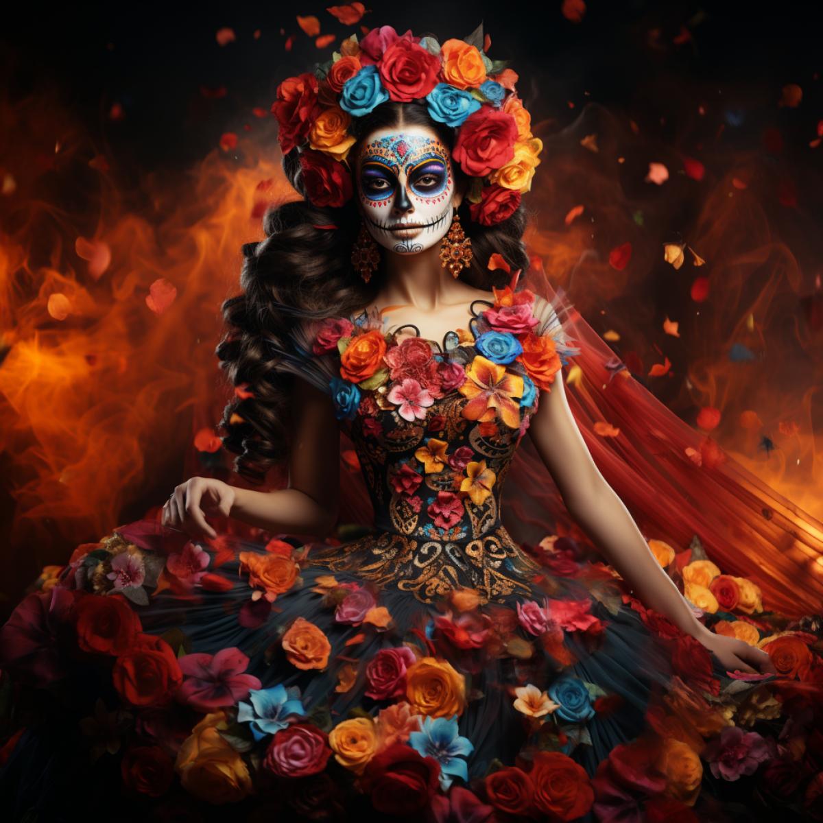 dia de los muertos, calavera makeup, beautiful woman dancing salsa with skeleton